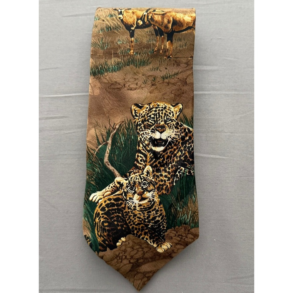 Endangered Species Silk Tie Edge of the Savannah Africa Leopard Wildlife Brown